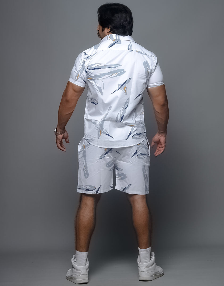 Aesthetic Men's White Leaf Printed Co Ords