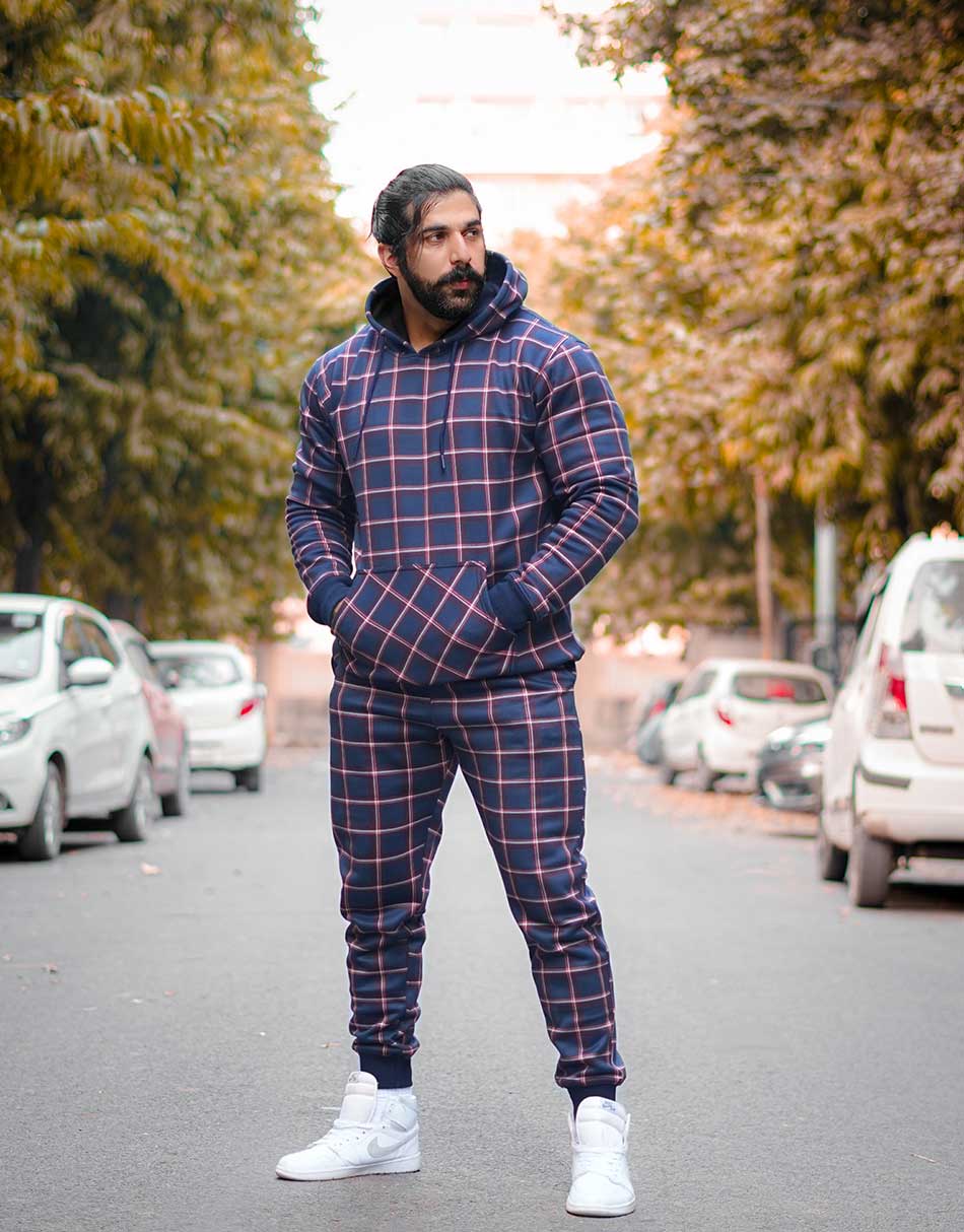 Bonded Check Hoodie Blue