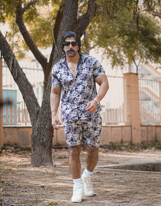 Indians Men's Flower Printed Black White Co Ords SET