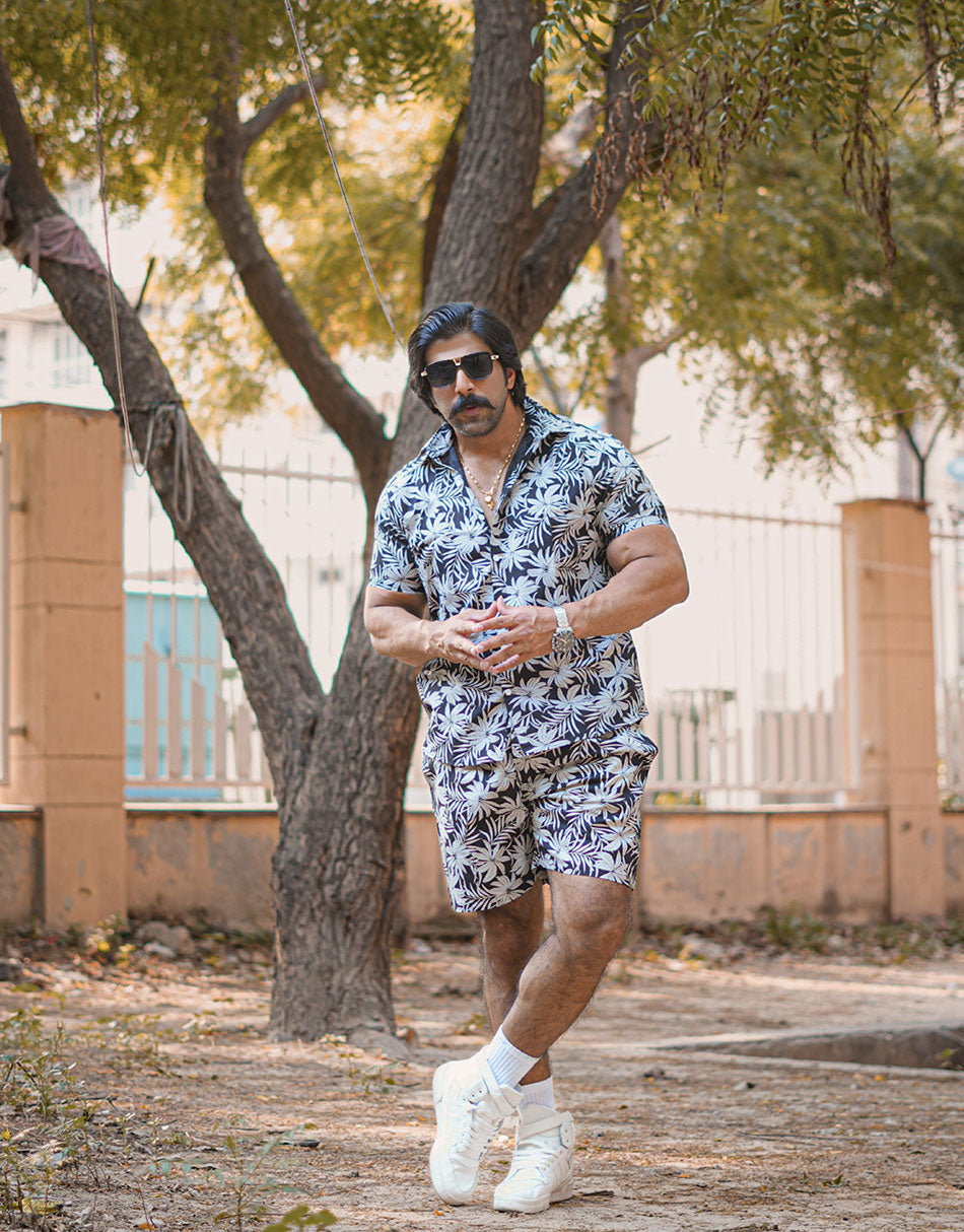 Indians Men's Flower Printed Black White Co Ords SET