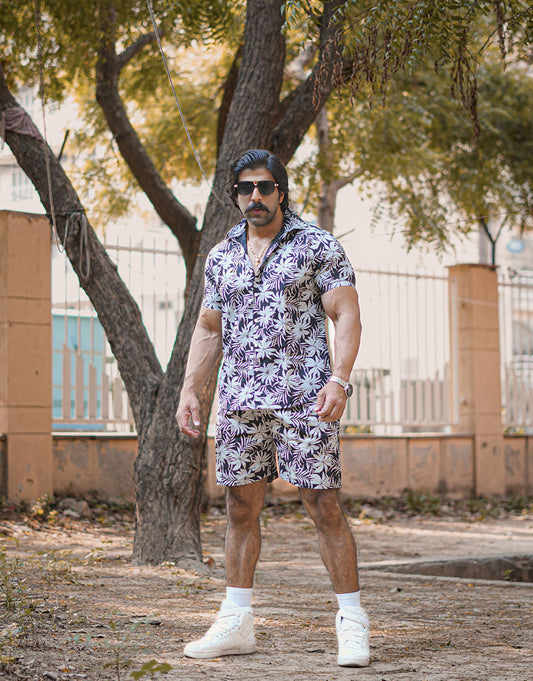 Indians Men's Flower Printed Black White Co Ords SET