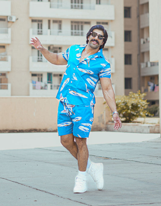 Aesthetic Indians Men's Sky Blue Printed Co Ords SET