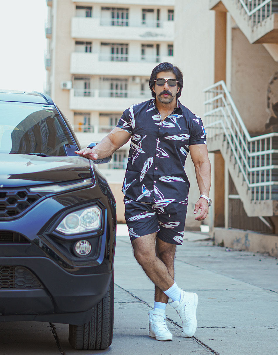 Men's Black Leaf Printed Co Ords Set