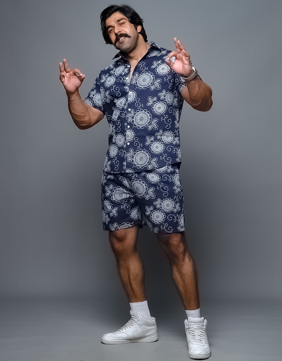 Aesthetic Printed Blue Shirt Shorts Co Ords Set