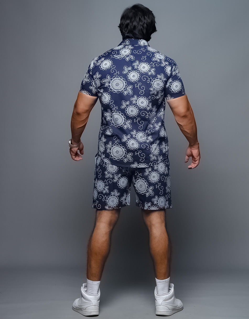 Aesthetic Printed Blue Shirt Shorts Co Ords Set
