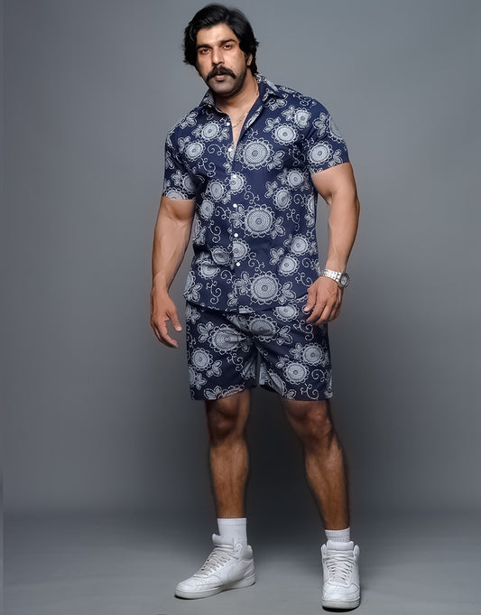 Aesthetic Printed Blue Shirt Shorts Co Ords Set
