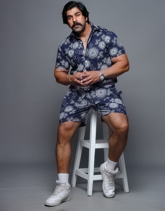 Aesthetic Printed Blue Shirt Shorts Co Ords Set