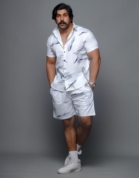 Aesthetic Men's White Leaf Printed Co Ords