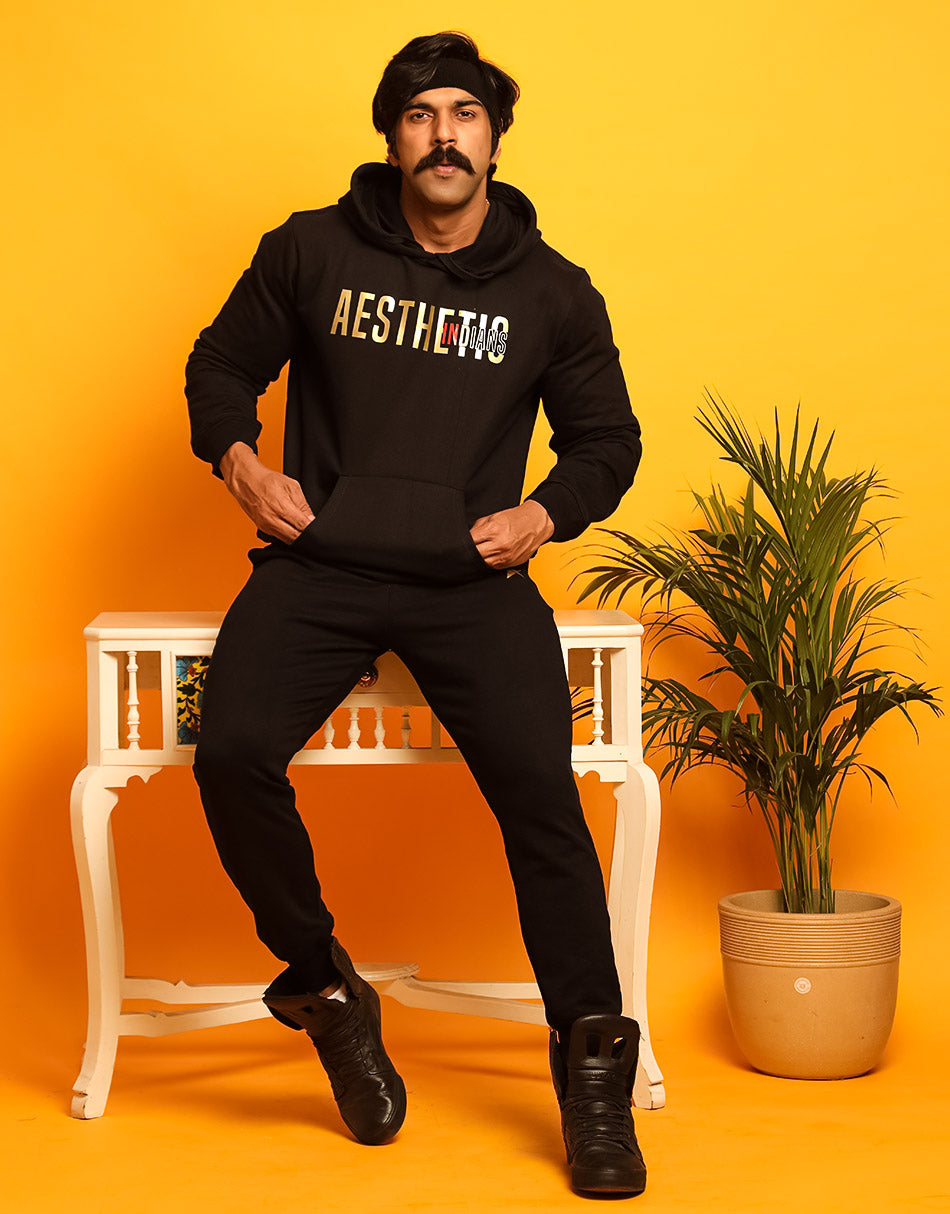 Aesthetic Indians Black Drop Shoulder Golden Hoodie