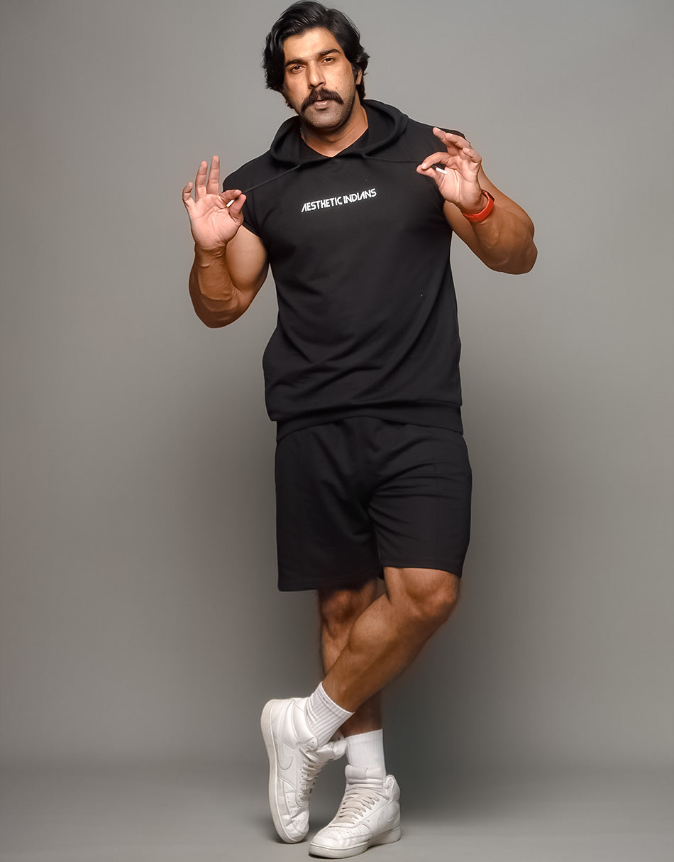 Black Hoodie Shorts Co Ords Set