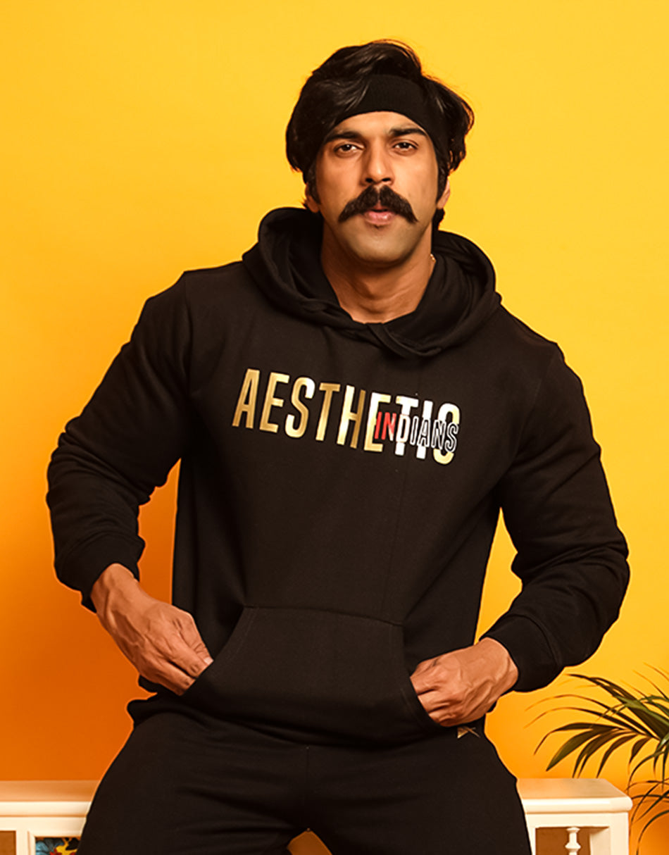 Aesthetic Indians Black Drop Shoulder Golden Hoodie