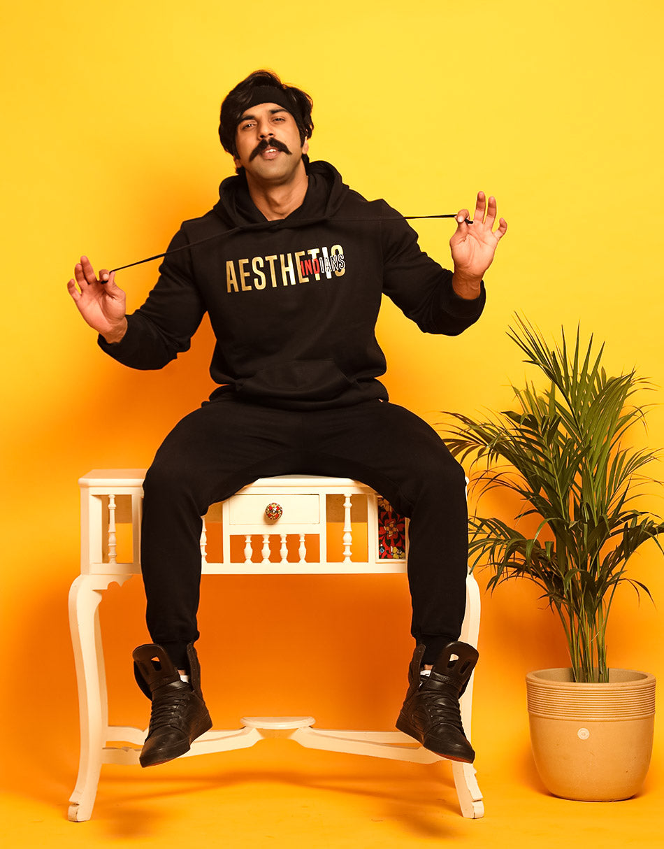 Aesthetic Indians Black Drop Shoulder Golden Hoodie