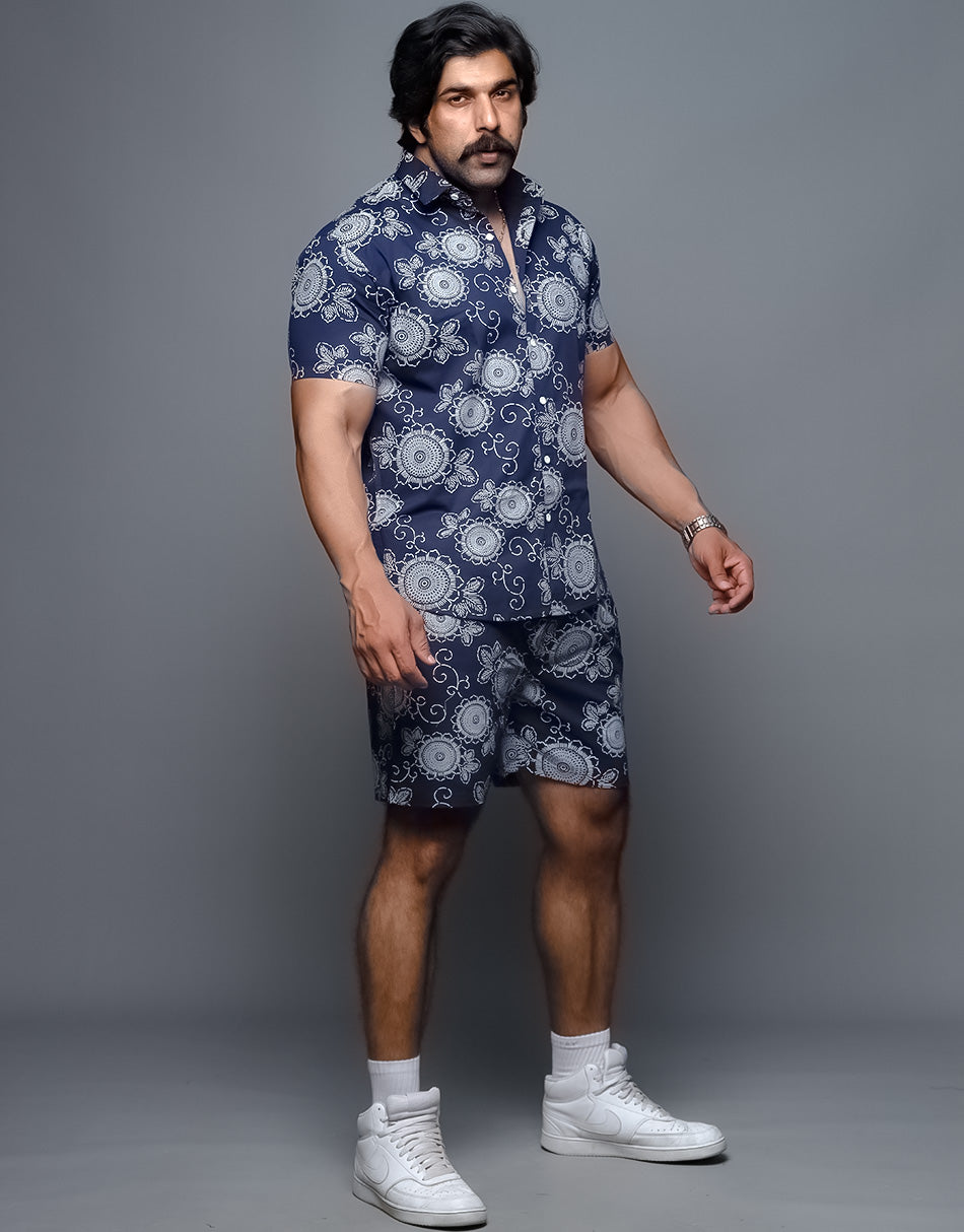 Aesthetic Printed Blue Shirt Shorts Co Ords Set